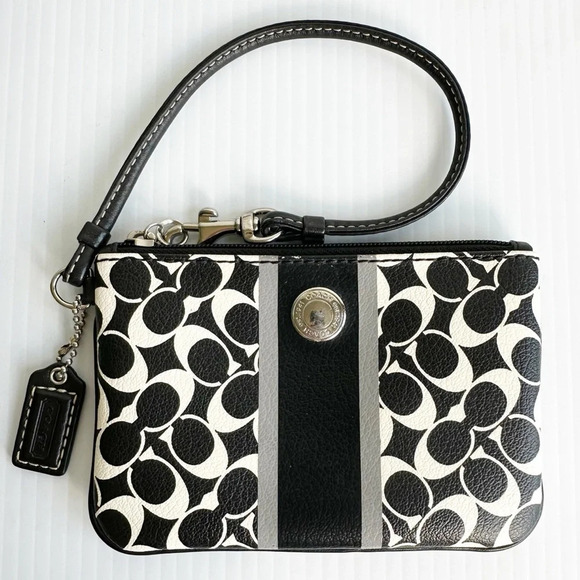 Coach Black and Cream Signature Wristlet Zip Closure Silver Hardware Blue Lining - Picture 1 of 6